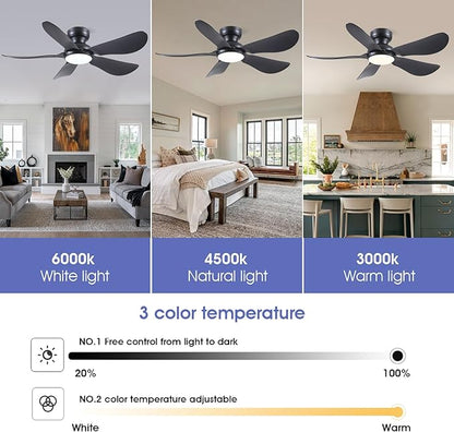 Kviflon 46 Inch Modern Ceiling Fans with Lights, Flush Mount Ceiling Fan with Light and Remote/APP Control, 5 Reversible 6 Speeds Curved Blades, 3 CCT Dimmable Lights for Bedroom, Black
