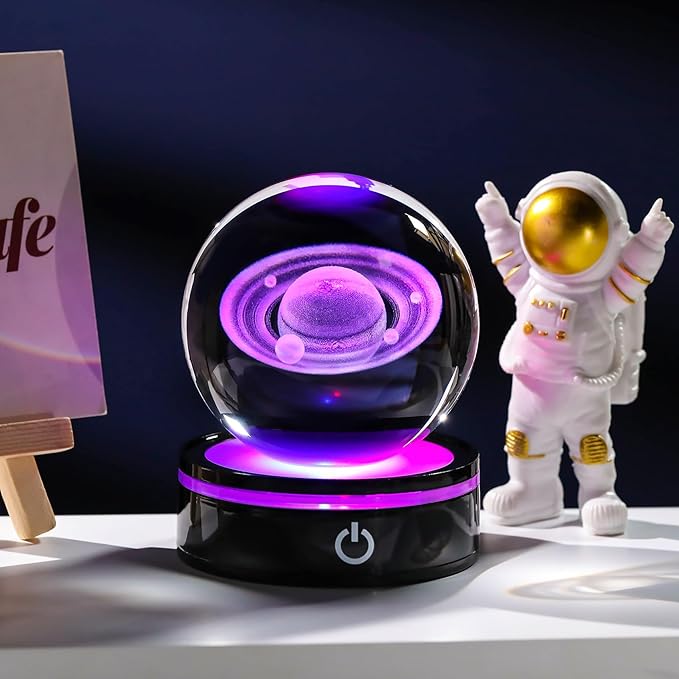 YWHL 3D Saturn Crystal Ball with LED Light Base, 3D Laser Engraved Glass Sphere Galaxy Crystal Ball for Home Decorations, Planet Saturn Lamp Gifts for Mother's Day Birthday Christmas (80mm)