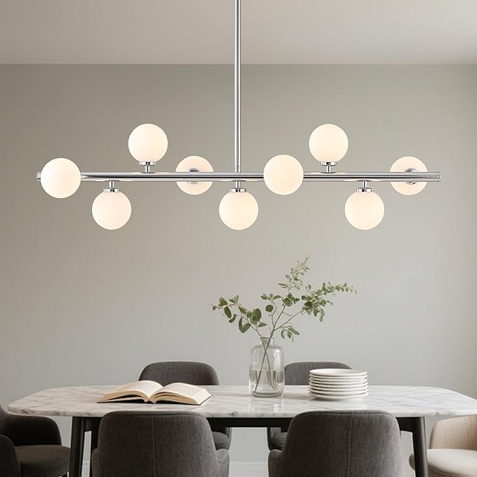 Mid Century Modern Glass Globe Sputnik Chandelier, 9-Light Linear Chandeliers for Dining Room, Kitchen Island, Living, Dining Light Fixture Over Table, Chrome and Milk White Bubble, 40 Inch