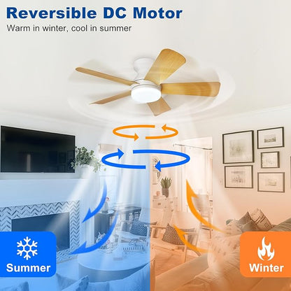 35-Inch Ceiling Fans with Lights: Wood Low Profile Ceiling Fan with Light and Remote Control - Reversible Flush Mount Fans - 3CCT Dimmable Small Ceiling Fan for Bedroom Indoor/Outdoor Use