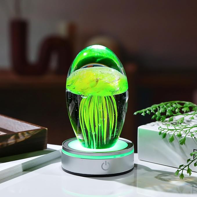 Handmade Jellyfish Lamp – Crystal Glass Figurine Colorful LED Night Light, Ocean-Themed Desk Decor, Aquarium & Beach Room Decor – Gifts for Women Nature Lovers (Yellow)
