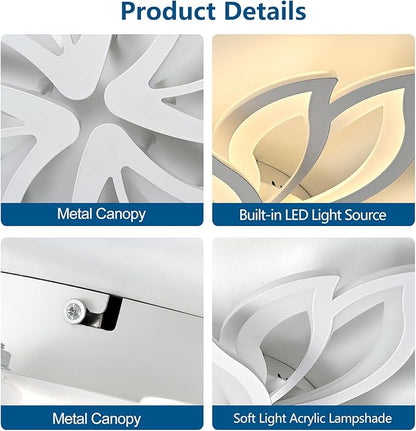 Modern White Flower Ceiling Light Fixture, 30 Inch Dimmable Flush Mount with 12 Leaves, Low Profile for Living Room, Dining Room, Bedroom