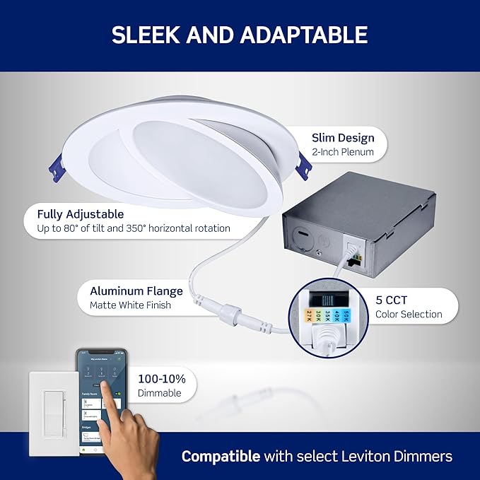 Leviton 6 in. Round Adjustable Slim Downlight, 1100 Lumens, 5 CCT Color Selectable 2700K-5000K, Dimmable, DAR60-S1W