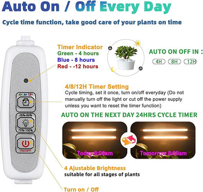 Grow Light Two Heads, Strip Growing Lamp, Full Spectrum Plant Light Strips for Indoor Plants with Auto ON/Off Timer & 4 Dimmable Levels, Led Growth Lamp for Green House Hydroponics Succulent