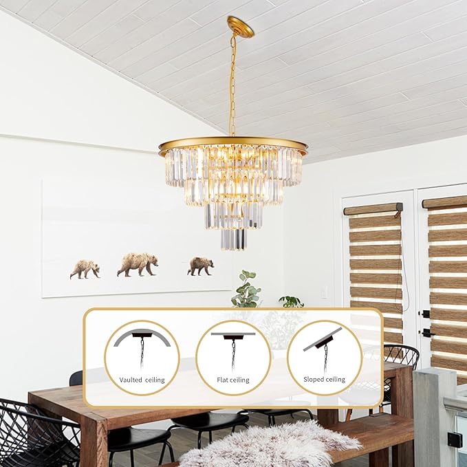 10 Light Modern Gold Crystal Chandelier for Dining Room 24'' Dining Room Light Fixture Contemporary Pendant Round 4-Tier Adjustable Height for Living Room, Foyer, Entryway, Bedroom