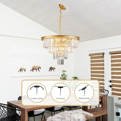10 Light Modern Gold Crystal Chandelier for Dining Room 24'' Dining Room Light Fixture Contemporary Pendant Round 4-Tier Adjustable Height for Living Room, Foyer, Entryway, Bedroom