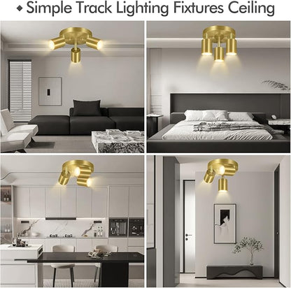 3 Light Track Lighting Fixtures Ceiling, Gold Round Directional Ceiling Spotlight, GU10 Flush Mount Track Fixture, Adjustable Modern LED Ceiling Lights for Kitchen/Living Room, Bulb Not Included