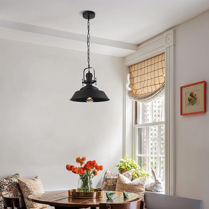 14" Farmhouse Pendant Light, Industrial Rustic Hanging Light Fixture with Matte Black Finish for Kitchen Island, Dining Room, Barn, Metal Dome Shade