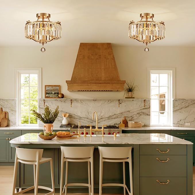 Brushed Nickel Crystal Semi Flush Mount Ceiling Light Fixture Modern Farmhouse Small Chandelier 3-Light Round Crystal Mini Chandelier for Dining Room Entryway Hallway Kitchen Bedroom Foyer