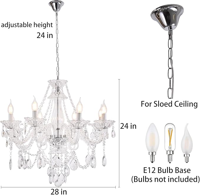 Contemporary Clear Crystal Chandelier, Elegant Candle Style Chandelier Lighting Fixture for Dining Room Living Room Bedroom Hallway Entryway 8 White E12 Lamp Sockets