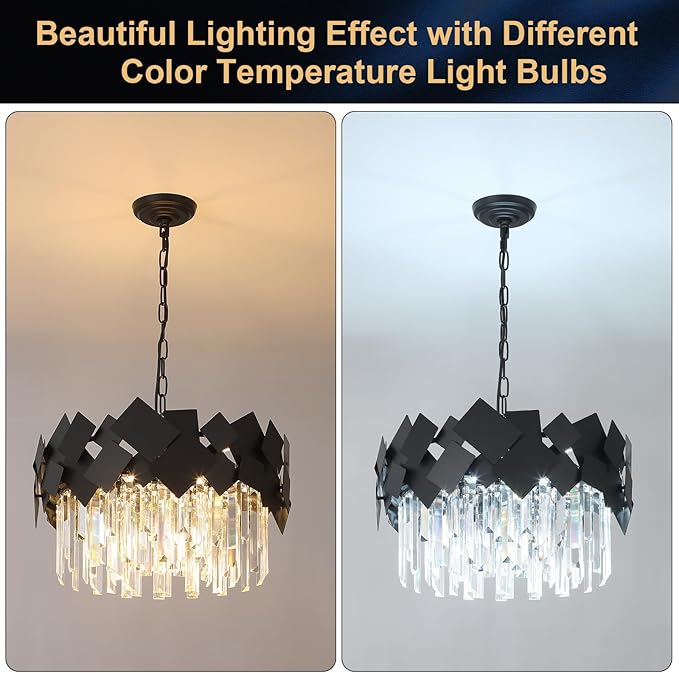 A AXILIXI Modern Crystal Chandelier Black Round Chandelier for Dining Room, Drum Pendant Light Fixture 7-Light 20” Luxury Ceiling Light Contemporary for Entryway Foyer Bedroom