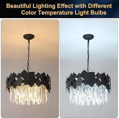 A AXILIXI Modern Crystal Chandelier Black Round Chandelier for Dining Room, Drum Pendant Light Fixture 7-Light 20” Luxury Ceiling Light Contemporary for Entryway Foyer Bedroom