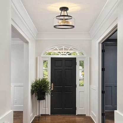 11.81" Black and Brushed Gold Close to Ceiling Light Fixtures, 3-Light Modern Drum Light Fixture, Hallway Ceiling Light, Glass Ceiling Lamp for Entryway Bedroom Laundry Room Dining Room Kitchen Lights
