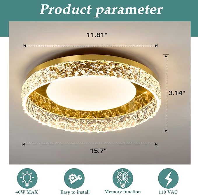ZGLAOJT Gold Led Flush Mount Ceiling Light Modern 40w 3000k-6000k Light Fixture 15.7inch Bathroom Round Ceiling Lamp for Kitchen Bedroom Entryway Hallway Living Room.
