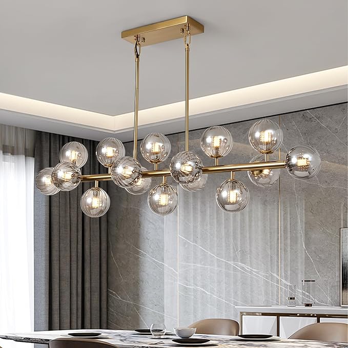 Brass Gold Rectangle Chandelier Modern Chandelier Smoke Grey Globe Glass Pendant Light Fixture Adjustable for Dining Living Room Kitchen Island Over Table 16-Light 50''