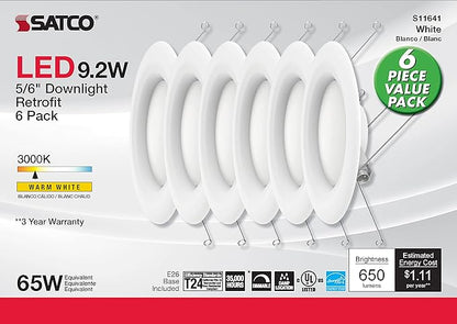 Satco S11641 9.2W LED Recessed Downlight Retrofit Value Pack, 5-6 Inches, White, 6 Count (Pack of 3)