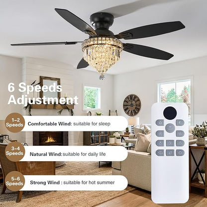 Crystal Ceiling Fan Fandelier with Lights-Ceiling Fans with Lights,54" Low Profile and Remote Control, Flush Mount, Reversible, Dimmable, Noiseless, Black Ceiling Fan for Bedroom