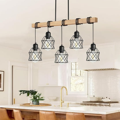 5 Light Farmhouse Kitchen Island Lighting,Dining Room Light Fixture,Adjustable Height Pendant,Real Wood and Black Metal Cage Chandelier for Kitchen,Dining Room