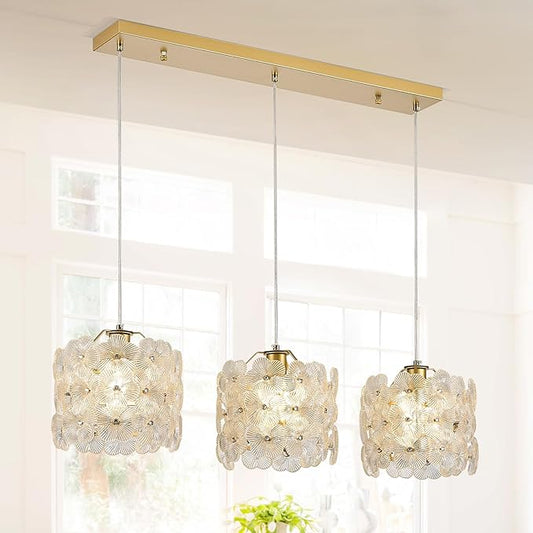 3-Lights Flower Glass Pendant Light for Kitchen Island Modern Gold Linear Chandelier Adjustable Ceiling Pendant Lighting for Bar Dining Room Living Room