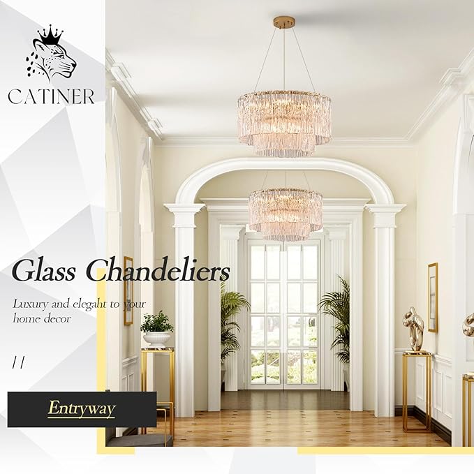 CATINER Modern Gold Chandeliers,20” Crystal Glass Pendant Ceiling Light Fixtures 7-Light Round Chandelier Luxury 2 Tiers Hanging Chandelier for Dining Room Foyer Living Room Bedroom