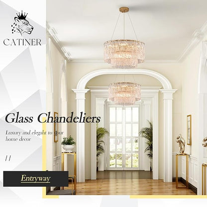 CATINER Modern Gold Chandeliers,20” Crystal Glass Pendant Ceiling Light Fixtures 7-Light Round Chandelier Luxury 2 Tiers Hanging Chandelier for Dining Room Foyer Living Room Bedroom