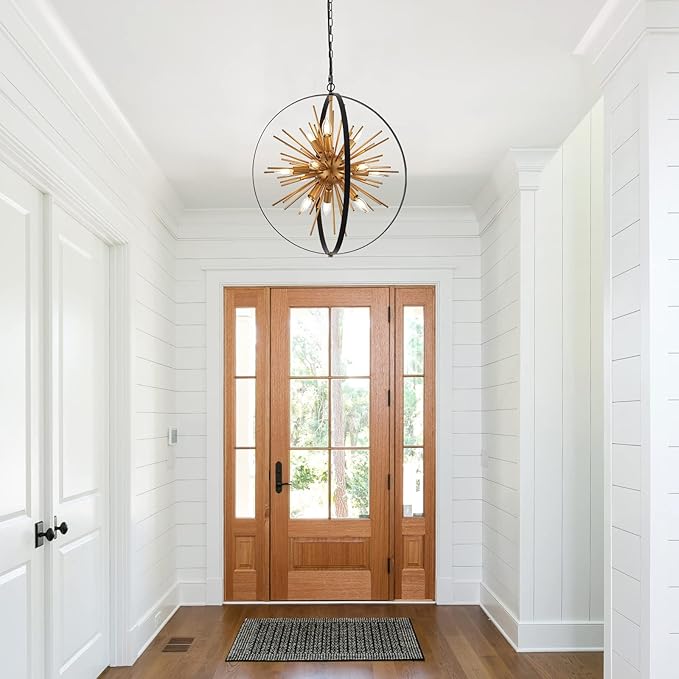 23.2" Black Gold Globe Sputnik Chandelier, 12-Light Mid Century Modern Industrial Starburst Golden Metal Satellite Light Fixture for Entryway Foyer Bedroom Dining Living Room Hallway, E12