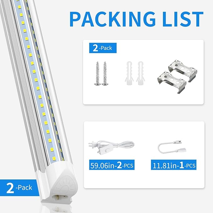 CNSUNWAY LED Shop Light 2FT, 22W 3300LM 6500K, T8 LED Tube Lights, Clear Cover, Ceiling and Utility Shop Lights, Linkable Light Fixture for Workshop, Garage, Workbench, Warehouse, ETL Listed (2 Pack)