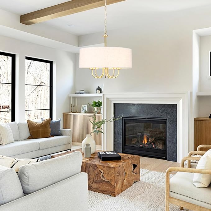 5 Lights Drum Chandelier Gold Farmhouse Chandelier with Shades 19" Large Pendant Light Fixtures Hanging Brass Round Chandeliers for Bedroom Dining Room Over Table Living Room Foyer Kitchen Island