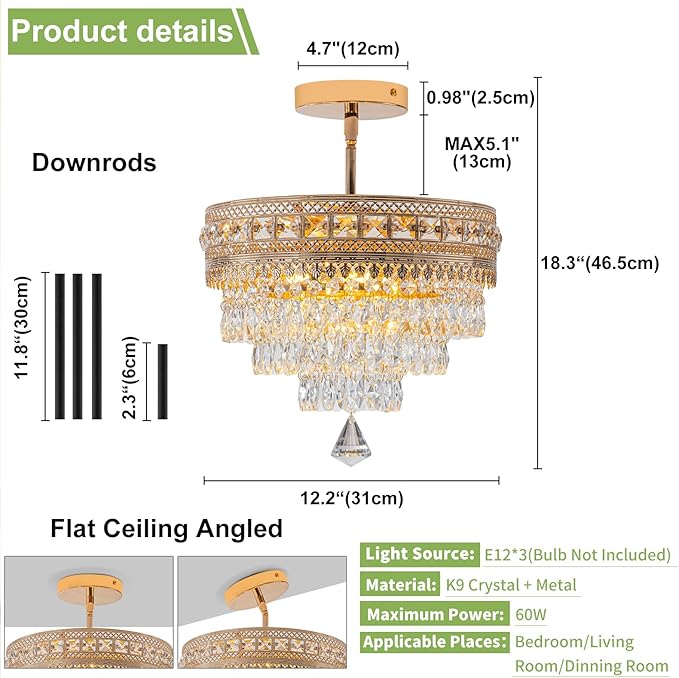 Modern Crystal Chandelier, Farmhouse Ceiling Light, Flush Mount Light Fixture,11.8W x 9H inches, 4-Layer K9 Crystal, Indoor Ceiling Light Pendant for Bedroom, Hallway, Closet (Gilded Antique)