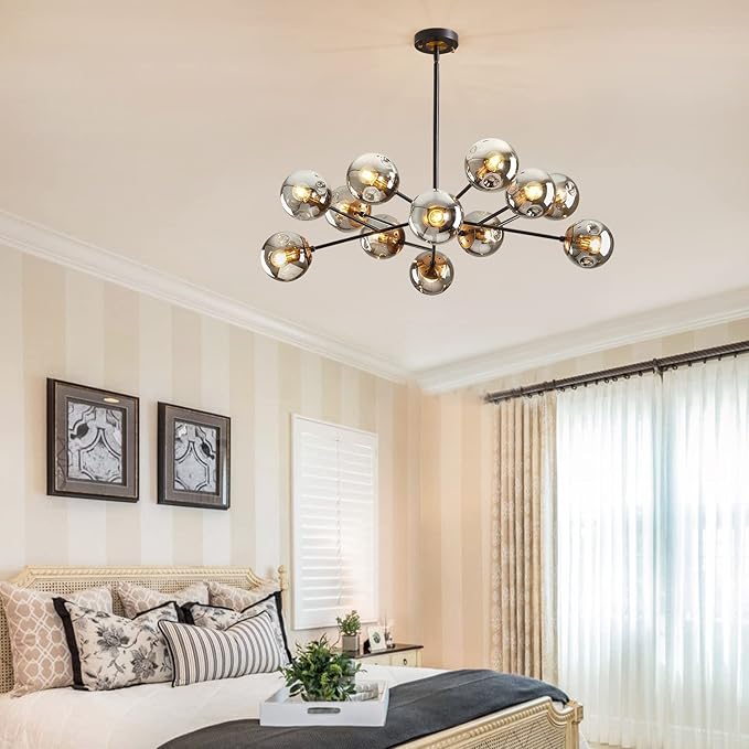 DDLLDESHI Modern Black Chandelier Sputnik Ceiling Light Fixture with 12 Globe Glass Shade Chandeliers for Dining Room Farmhouse Kitchen Living Room Bedroom Office（34" Large Chandelier）