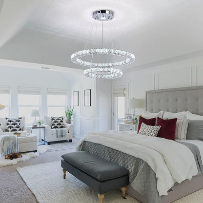 LED Modern Crystal Chandelier 19.7 x 11.8 inches Ceiling Pendant Light 2 Rings Adjustable Stainless Steel Lighting Fixtures Dining Room Living Room (White)