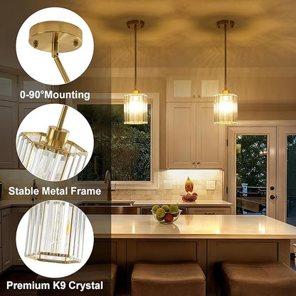 2 Pack Crystal Pendant Lights, Brushed Gold Kitchen Hanging Pendant Light Fixtures, Modern Hexagonal Crystal Pendant Lighting for Kitchen Island, Dining Room, Hallway, Foyer Entryways