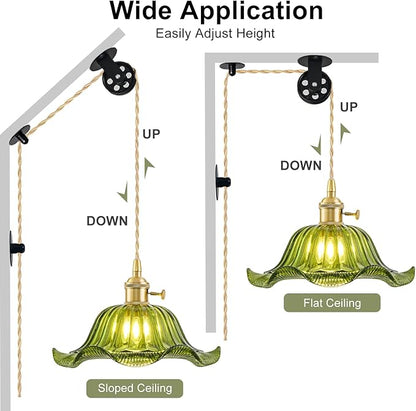 Plug in Pendant Light Vintage, Adjustable Pulley Hanging Lamp with Green Lily Glass Shade, Brass Hanging Lights with Plug in Cord for Bedroom Kitchen, Compatible with Indoor Plant Grow Light Bulbs