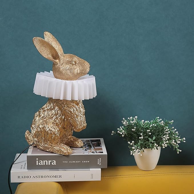 Gold Standing Bunny Lamp, Resin Scarf Rabbit Table Lamp with White Pleated PC Lampshade, USB Plug LED Nightstand Lamp, Cute Bedside Night Light for Bedroom Nursery Home Decor