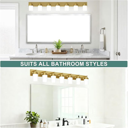 IZORRO Bathroom Vanity Light Fixture, 7-Light 52 inch Gold Bathroom Light Fixtures Over Mirror, with White Glass Shade, Modern Farmhouse Vanity Lights, Rustic Restroom Lighting Fixtures