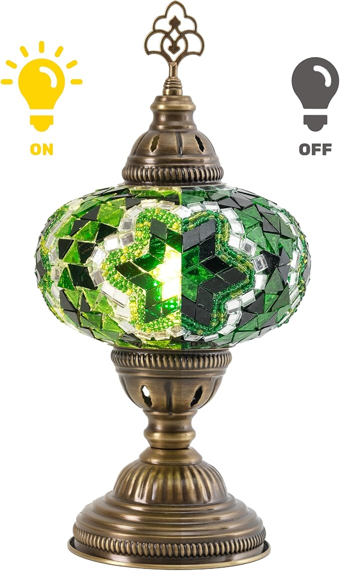 Turkish Lamp, Mosaic Table Lamp, Antique Moroccan Decorative Glass Bohemian Vintage Lamp Shade, Small Desk Tiffany Bedside Stained Glass Lamp with US Plug and E12 Socket