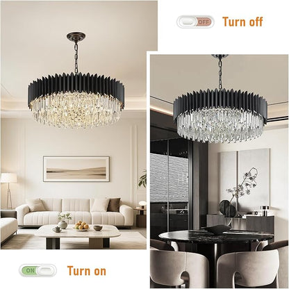 30" Modern Black Crystal Chandelier 12 Lights 6-Tier Large Ceiling Pendant Light Fixture Hanging Ceiling Light for Dining Room Living Room Bedroom Entryway Foyer