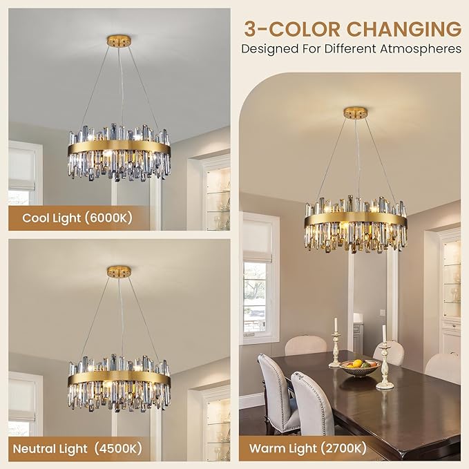 Siljoy Modern Crystal Chandeliers, 12 Lights Brass Gold Raindrop Crystal Chandelier, Adjustable Dimmable Crystal Pendant Light Fixture for Dining Room Living Room Kitchen Island D23.6''