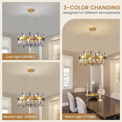 Siljoy Modern Crystal Chandeliers, 12 Lights Brass Gold Raindrop Crystal Chandelier, Adjustable Dimmable Crystal Pendant Light Fixture for Dining Room Living Room Kitchen Island D23.6''