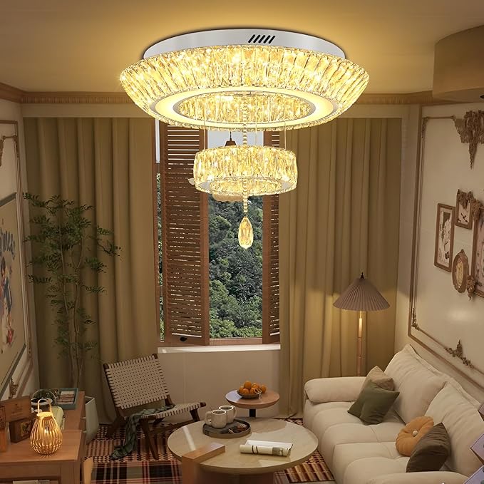 24inch Led Ring Crystal Chandelier,Modern Luxury Crystal Chandelier for Dining Living Room 2-Tier Crystal Raindrop Chandeliers Lighting Dimmable LED 3000-6000K