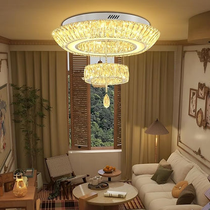 24inch Led Ring Crystal Chandelier,Modern Luxury Crystal Chandelier for Dining Living Room 2-Tier Crystal Raindrop Chandeliers Lighting Dimmable LED 3000-6000K