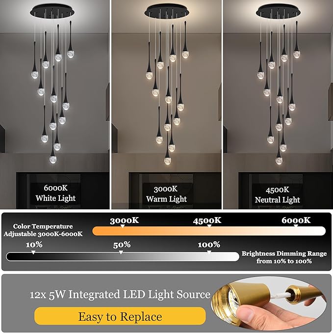 Modern Crystal Staircase Chandelier Black 12-Lights, H120'' Large High Ceiling Spiral Dimmable LED Raindrop Foyer Entryway Light Fixture Remote Control