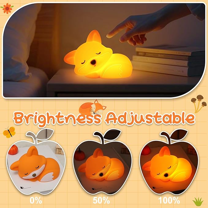 Fox Night Light for Kids, Cute Silicone Lamp with Dimmable 20 Mins Timer, Squishy Animal Nightlight Kids Bedside Decoration Light, Christmas White Elephant Gifts Idea for Baby Girl Boy Friend
