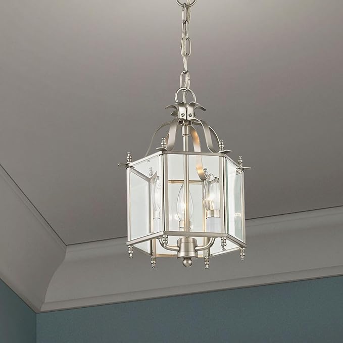 Livex Lighting 4403-91 Home Basics 3 Light Brushed Nickel Hanging Lantern or Flush Mount Chandelier with Clear Beveled Glass