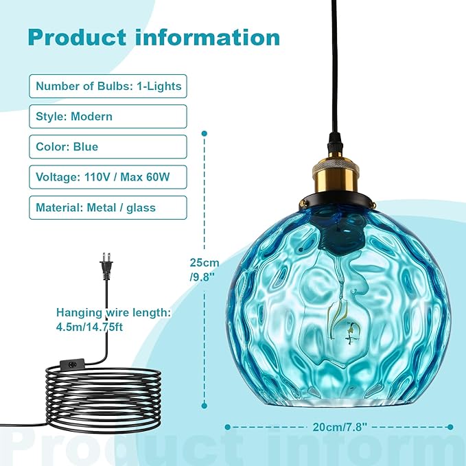 Blue Globe Glass Plug in Pendant Light Mid Century Modern Hanging Ceiling Light Fixture 14.75FT Black Chandelier Lighting for Bedroom Living Room Dining Room