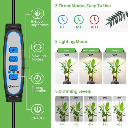 Aokrean 6.3in Grow Light, 80LED Full Spectrum Plant Light for Indoor Growing, Height Adjustable 10"-65", Auto Timer 6/12/16H, 3 Optional Spectrums, Idea for Large Plant, 5V, Black, 2 Pack