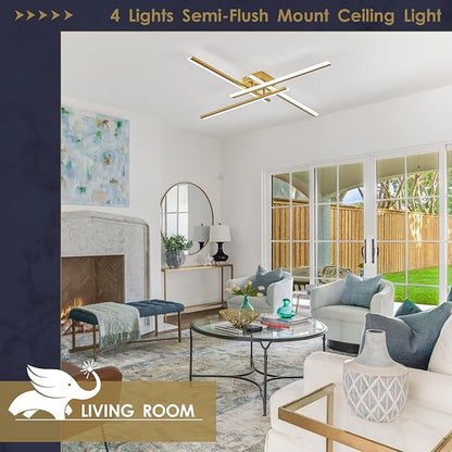Gold Modern Led Chandelier 4-Lights Semi-Flush Mount Ceiling Lighting Fixture 35.4” Dimmable Remote Control Ceiling Light for Living Room Bedroom Kitchen Foyer