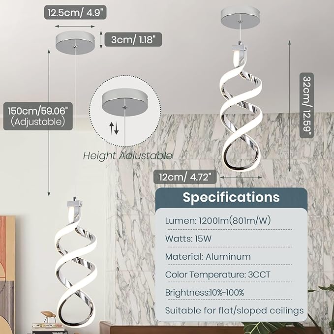 EIDISUNY 3Pack Pendant Light Fixture, 15W Chrome Spiral Led Chandelier Hanging Lamp, 3000K-6000K, Dimmable Pendant Lamp, Adjustable Height Pendant Light for Kitchen Island Dining Room Bedroom Cafe