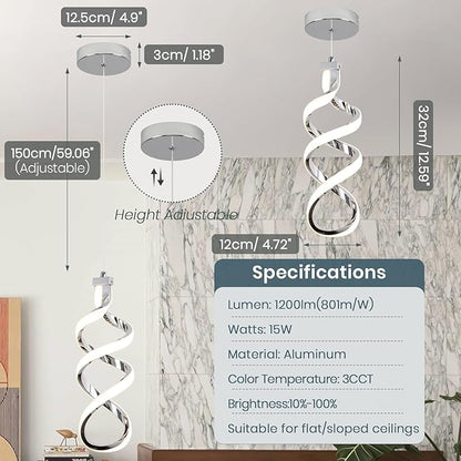 EIDISUNY 3Pack Pendant Light Fixture, 15W Chrome Spiral Led Chandelier Hanging Lamp, 3000K-6000K, Dimmable Pendant Lamp, Adjustable Height Pendant Light for Kitchen Island Dining Room Bedroom Cafe