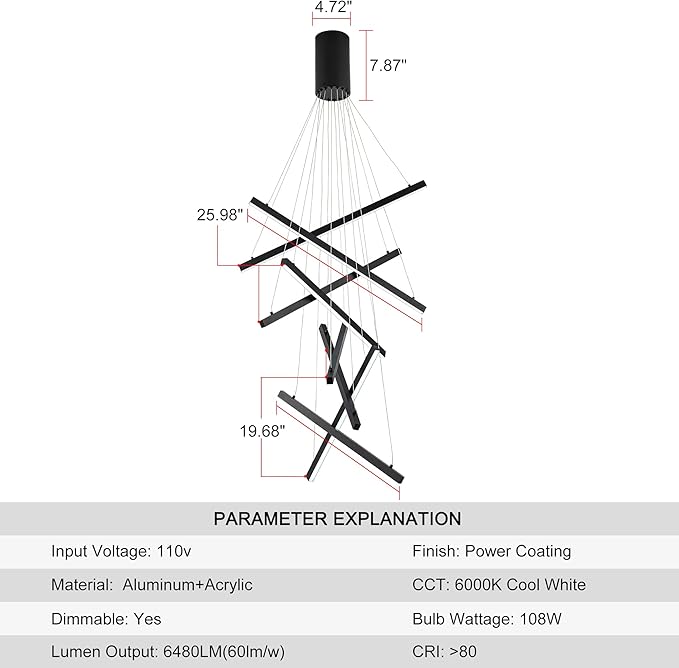 Modern Led Chandelier, High Ceiling Chandelier, Linear Chandelier 8 Lights Black Dimmable Large Pendant Light 98.4" for Living Room Staircase Entry Foyer Lobby Office Duplex 6000K Cool White